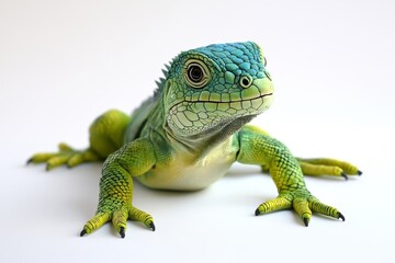 Fototapeta premium A green and yellow lizard is laying on a white background. The lizard has a blue face and is looking at the camera