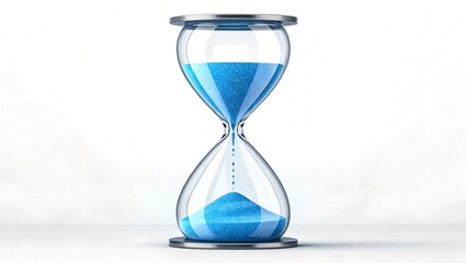 A close-up of a transparent hourglass filled with vibrant blue sand, symbolizing the passage of time. The minimalist white background emphasizes the clean design, with space for text or graphics.