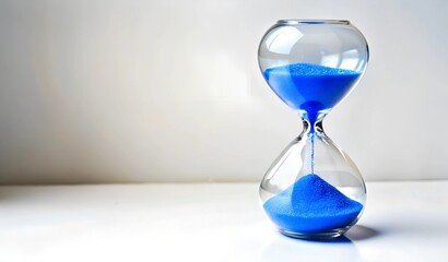 A simple and elegant hourglass filled with vibrant blue sand against a soft neutral background. The smooth glass design and flowing sand create a sense of time passing, with copy space available.