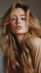 Naklejka premium Woman with flowing golden hair and a soft expression showcases grace and beauty in a serene setting