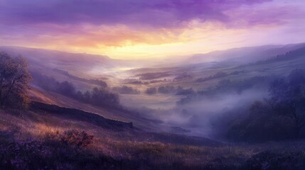 Misty Valley Sunrise Scenic Landscape Painting