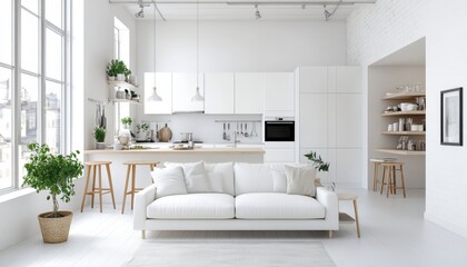 Fototapeta premium Modern Minimalist White Kitchen and Living Room Interior Design with Wooden Accents