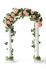 Fototapeta premium Realistic wedding arch with roses and leaves isolated on white Background 