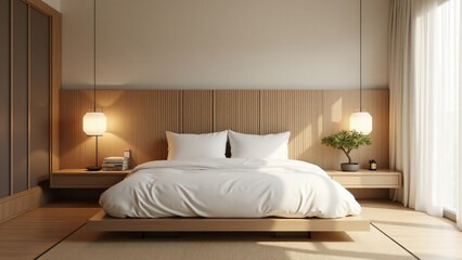Minimalist Zen bedroom with Japanese-inspired decor, soft beige walls, a platform bed, and natural accents. Rice paper lamps and a Shoji screen create a serene retreat.