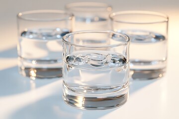Four glasses of water are sitting on a table. The glasses are all full and clear. The table is white