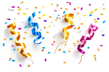 A bunch of colorful streamers are scattered on a white background. The streamers are in different colors and are twisted in various ways