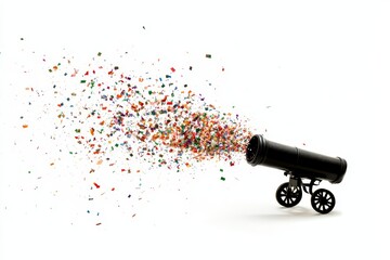 A cannon is shown with a lot of colorful confetti coming out of it. The cannon is black and has a wheel on the bottom