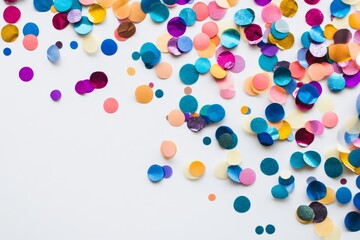 Fototapeta premium A bunch of colorful confetti on a white background. The confetti is in various colors and sizes