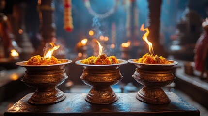Three burning offering bowls in temple.