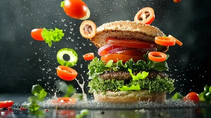Fresh ingredients combine to create a mouthwatering burger with splashes of water and veggies flying in the air