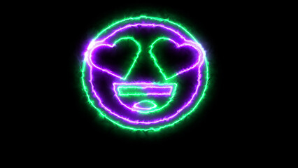 Emoticon Love It Neon Signs Style Text Vector for social media. Love smile with heart eye light glowing symbol in circle frame. Emoticon element of UI design for web, promotion, advertisement.