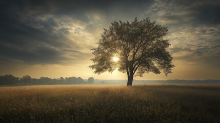 Fototapeta premium A tree is in the middle of a field with a cloudy sky