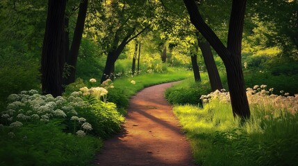 Fototapeta premium A path through a forest with trees and flowers
