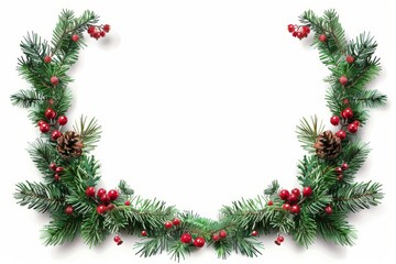 A wreath of evergreen branches with red berries. The wreath is white and has a red border