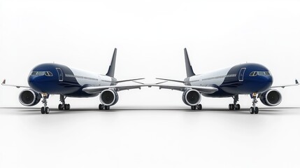 Fototapeta premium Two identical passenger airplanes facing each other on a white background.