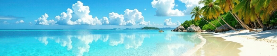 Fototapeta premium Crystal clear tropical ocean water reflected in a calm surface, surrounded by palm trees and white sandy beach , palm, water