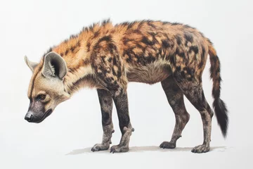 Fototapete A brown and white striped hyena is looking at the camera. The hyena is standing on a white background © Cloudyew
