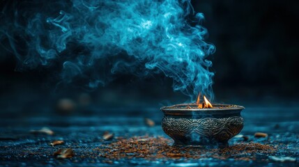Incense burner emitting blue smoke in dark setting.