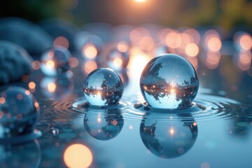 Delicate water spheres floating in soft ambient illumination , water spheres, foggy, gentle light