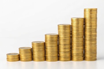 Stacks of gold coins on white background.