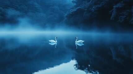Two Swans Gracefully Glide On Misty Lake Water