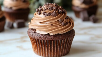 Delicious chocolate cupcake with creamy frosting and chocolate chips.