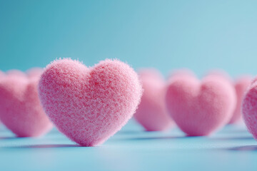 Obraz premium Pink sponge heart with several hearts out of focus on a light blue background, conceptual art of several people ready to love