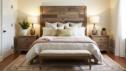 Rustic-chic master bedroom with a reclaimed wood headboard, cozy linens, vintage rug, and warm accents. Earthy tones and soft lighting create a serene, stylish retreat.