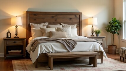 Rustic-chic master bedroom with a reclaimed wood headboard, cozy linens, vintage rug, and warm accents. Earthy tones and soft lighting create a serene, stylish retreat.