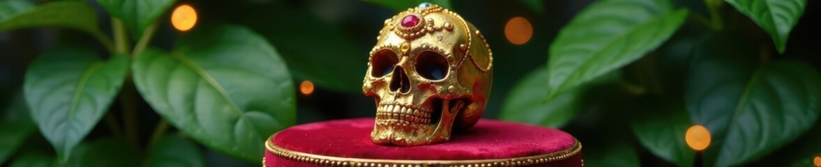 Glittering gold skull with intricate beading and precious gemstones sits atop a velvet pedestal, surrounded by lush greenery, jewels, skull