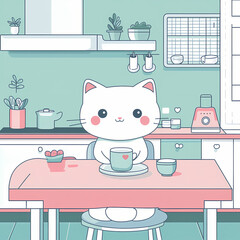 Cute cat character enjoys tea in a pastel-colored kitchen with houseplants and a cozy atmosphere. Generative AI