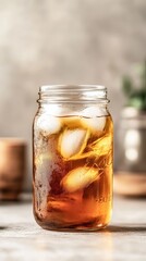 A glass jar filled with ice and a beverage. The beverage is brown in color. The jar is sitting on a table