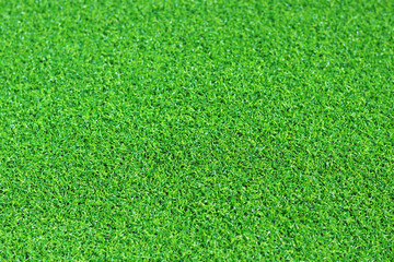 Fototapeta premium Artificial green grass mat, selective focus. Artificial turf, surface made of synthetic fibers. Green grass texture background. Short artificial grass golf surface