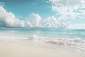 Fototapeta premium A beach with a large body of water and a cloudy sky. The sky is blue and the water is calm