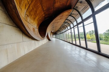 Obraz premium Modern curved hallway with wood and glass design