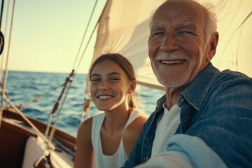 Obraz premium Elderly man and young woman smiling on a boat