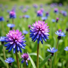 Fototapeta premium Purple flowers blooming in a field of blue wildflowers, copy space, emptiness, landscape
