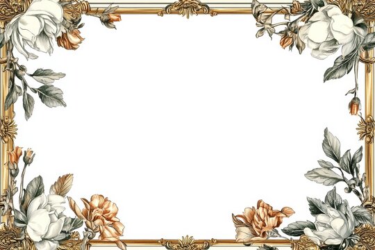 A beautifully designed vintage floral frame with ornate gold details and delicate flowers, perfect for invitations or decorative projects.