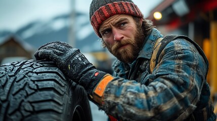 Obraz premium Natural light photography of mechanic working on a tire in an outdoor repair environment