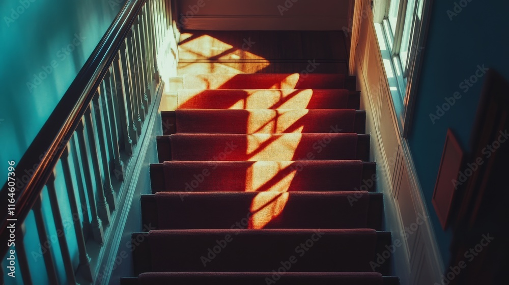 Canvas Prints a staircase with a shadow of the letter t on it. the shadow is on the carpet. the carpet is red