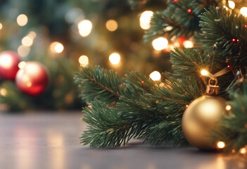 Seamless decorative christmas border with coniferous branches and garlands of christmas lights and o
