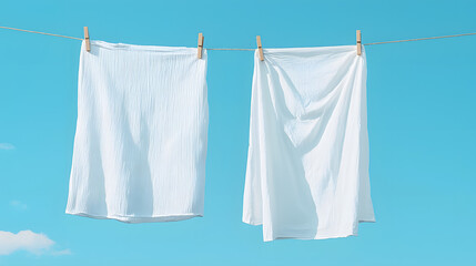 Hanging bed sheets to dry in the wind with clothespins, 0n light blu sky background. Laundry
