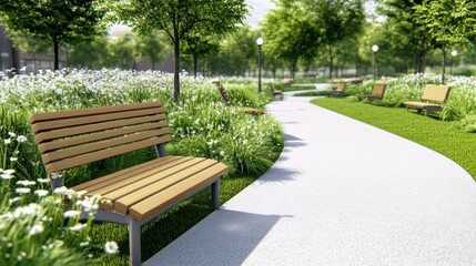 Urban park showcasing eco-friendly design with walking paths, benches, and green spaces during a sunny day