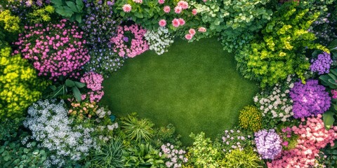 Obraz premium A garden with a large circle of flowers and grass. The flowers are of different colors and sizes, and the grass is green. The garden appears to be well-maintained and inviting