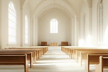 Obraz premium The church is empty and the pews are empty. The church is very large and has a lot of windows