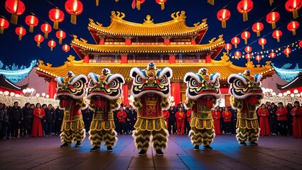 Fototapeta premium Chinese dragon dance performers at night festival with lanterns