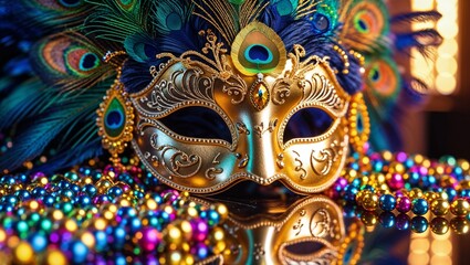 Golden masquerade mask with peacock feathers and colorful beads