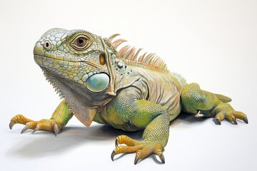 Obraz premium Close-up of a green iguana with detailed scales and spines, set against a white background in studio lighting.