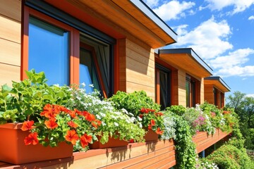 Fototapeta premium High-tech sustainable house featuring wooden panels, rooftop garden, and terracotta-framed windows reflecting sunlight