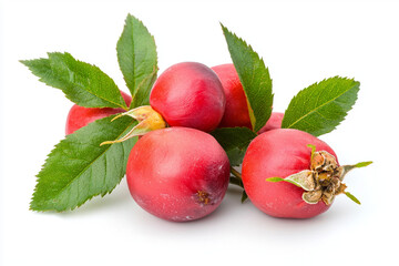 Vibrant red rosehip fruits and leaves